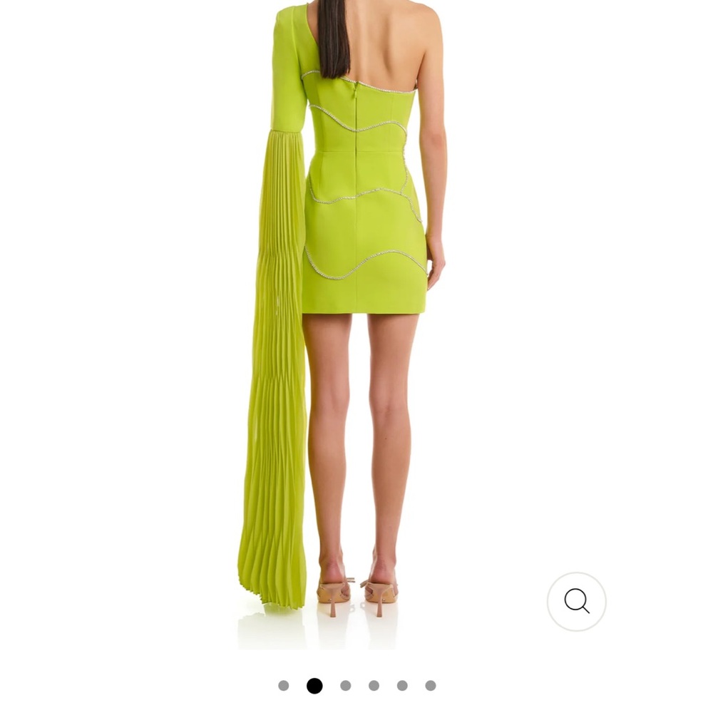 One-Shoulder Neon Lime Midi Dress with Draped Sleeve - Picture 2 of 6